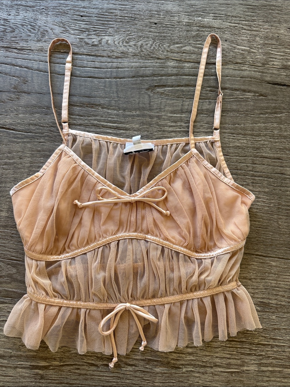 Sky to moon Women's nude  Ruffle Mesh Cami with Bow Detail